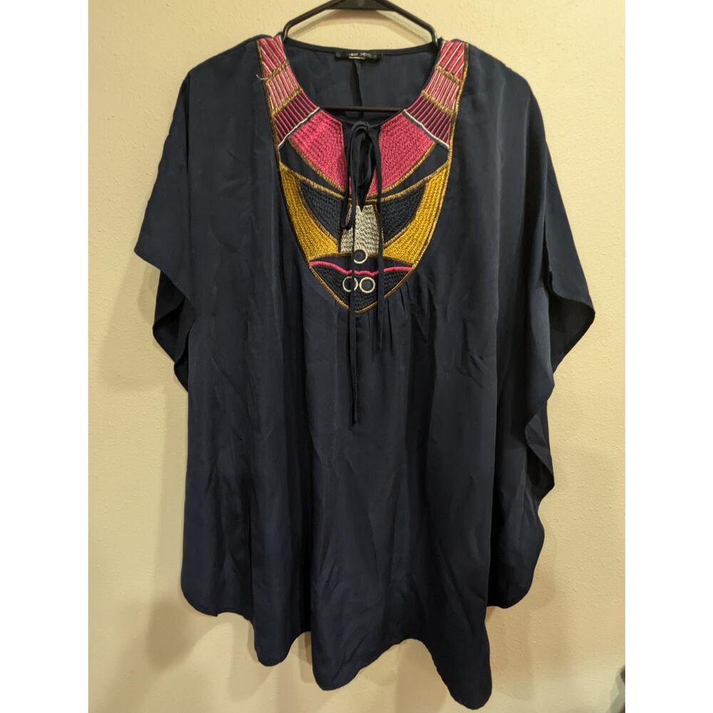 Women's Navy Pancho style blouse w/abstract embroidery at collar by west 36th, M